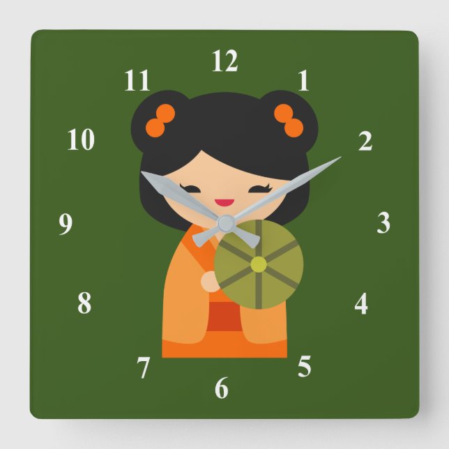 Niedlich orange Kokeshi Japanisch Puppen Quadratische Wanduhr (Vorderseite)