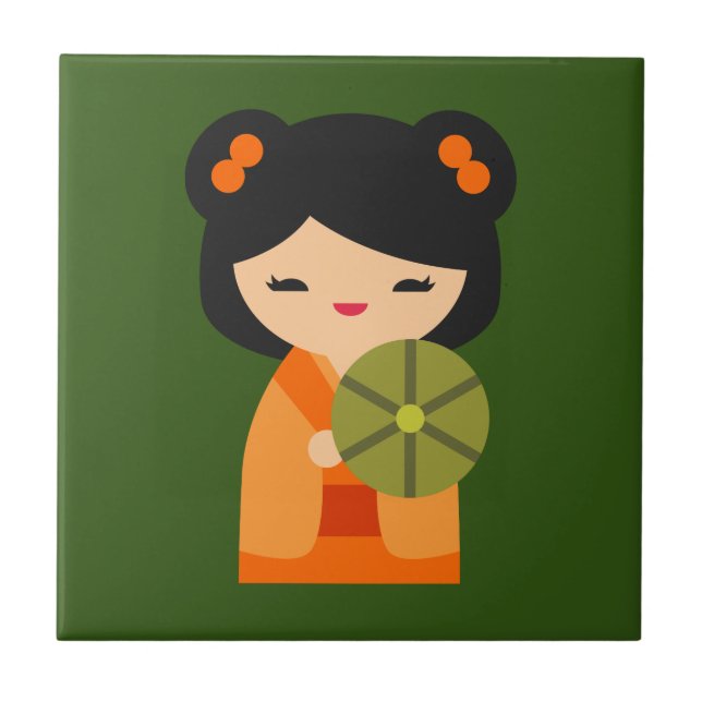 Niedlich orange Kokeshi Japanische Puppen Fliese (Vorderseite)