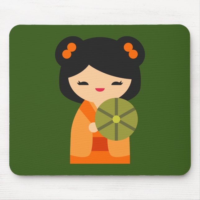 Niedlich orange Kokeshi Japanische Puppen Mousepad (Vorne)