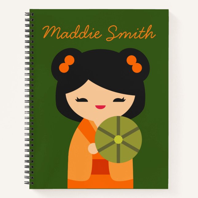 Niedlich orange Kokeshi Japanische Puppen Notizbuch (Vorderseite)