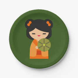 Niedlich orange Kokeshi Japanische Puppen Pappteller