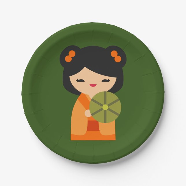 Niedlich orange Kokeshi Japanische Puppen Pappteller (Vorderseite)