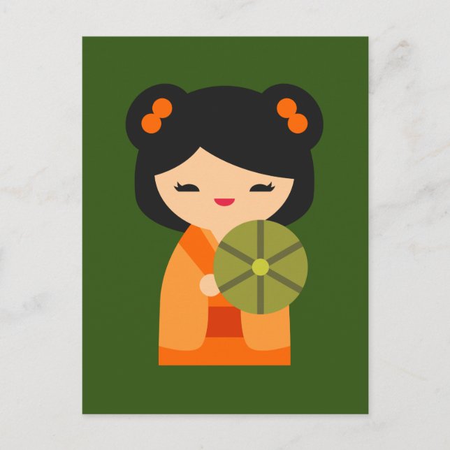 Niedlich orange Kokeshi Japanische Puppen Postkarte (Vorderseite)