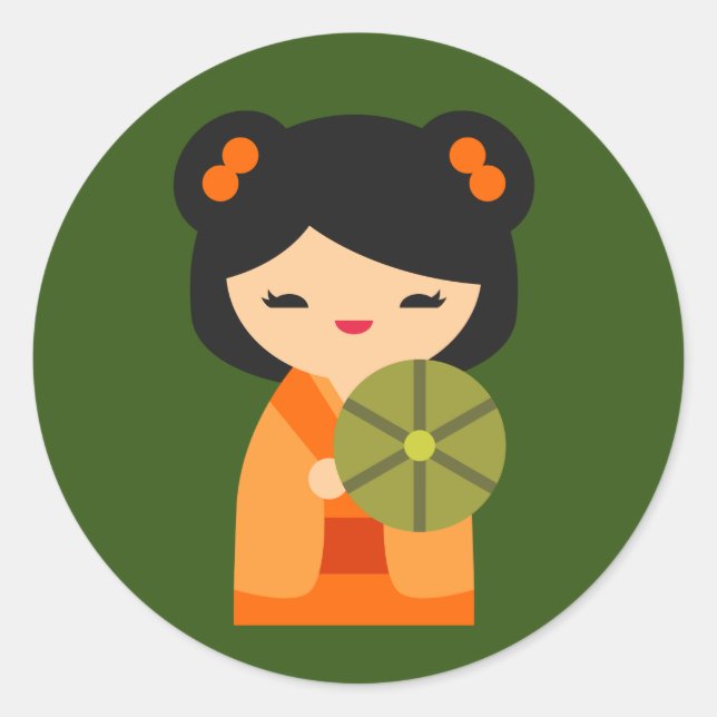 Niedlich orange Kokeshi Japanische Puppen Runder Aufkleber (Vorderseite)