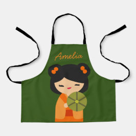 Niedlich orange Kokeshi Japanische Puppen Schürze
