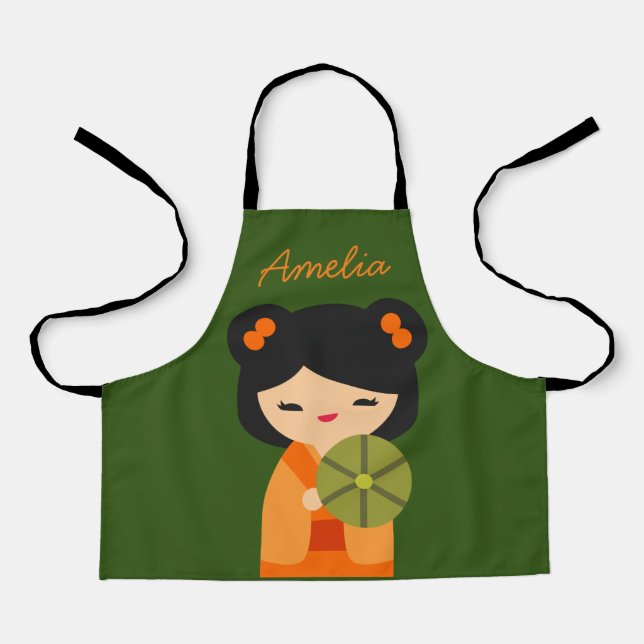 Niedlich orange Kokeshi Japanische Puppen Schürze (Vorderseite)