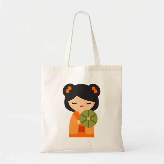 Niedlich orange Kokeshi Japanische Puppen Tragetasche (Vorne)