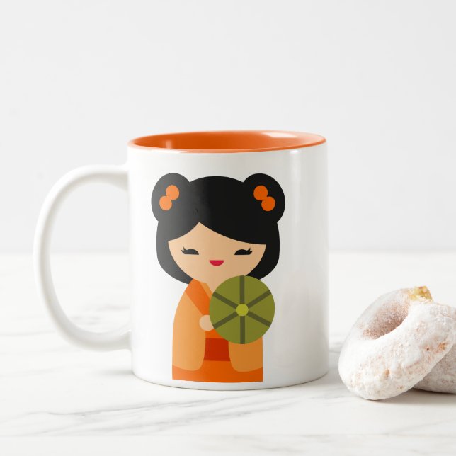 Niedlich orange Kokeshi Japanische Puppen Zweifarbige Tasse (Mit Donut)