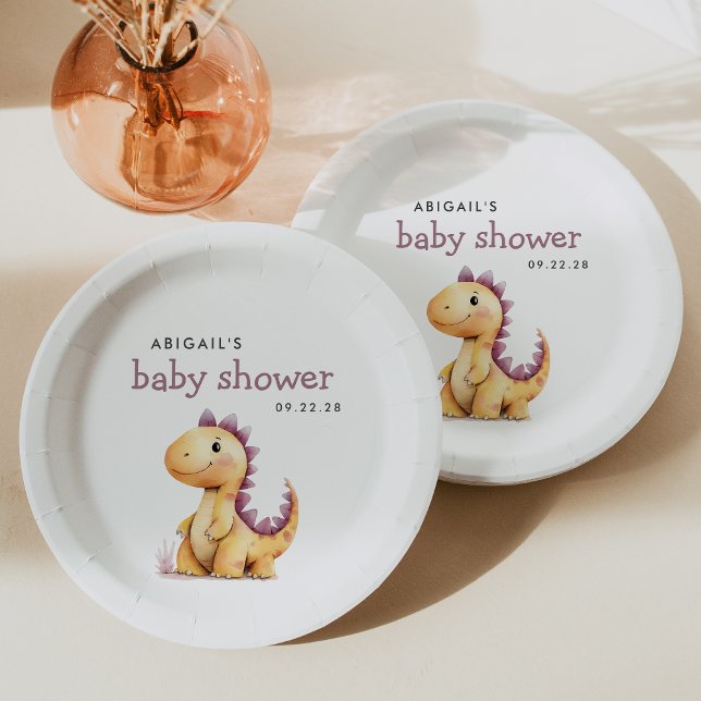 Niedlich Orange Lila Dinosaur Babydusche Pappteller (Von Creator hochgeladen)