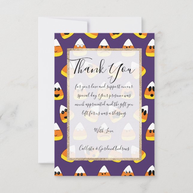 Niedlich Orange Lila Halloween Emoji Candy Corn Dankeskarte (Vorderseite)