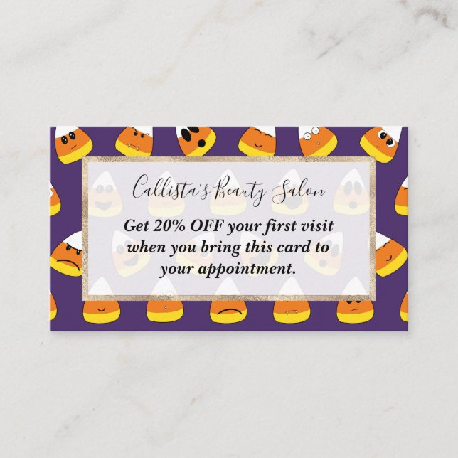 Niedlich Orange Lila Halloween Emoji Candy Corn Rabattkarte (Vorderseite)