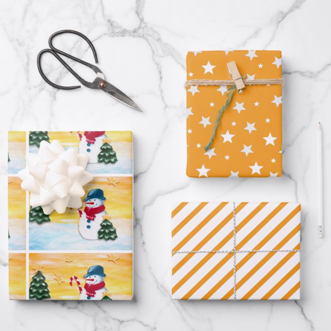 Niedlich Orange Snowman Christmas Tree Star Patter Geschenkpapier Set (Vorderseite)