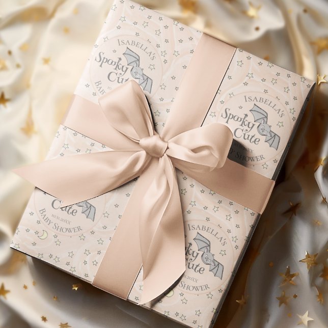 Niedlich Orange Spooky Niedlich Oktober Kinderdusc Geschenkpapier (Spooky Cute Fall Baby Shower Custom Wrapping Paper. Hand-Drawn Baby Bat, Moons & Stars in Orange)