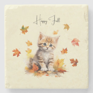 Niedlich Orange Tabby Kitten in Herbstlauben Steinuntersetzer