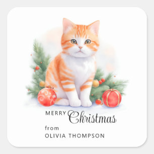 Niedlich Orange Tabby Kitty Frohe Weihnachten Quadratischer Aufkleber