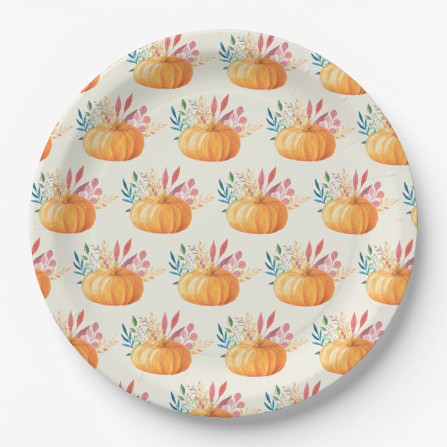 Niedlich Orange Watercolor Pumpkin Pattern Pappteller (Vorderseite)
