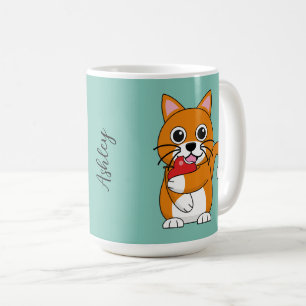 Niedlich Orange White Cat Eating Red Apple Cartoon Kaffeetasse