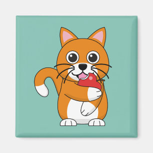 Niedlich Orange White Cat Eating Red Apple Cartoon Magnet