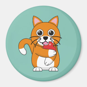 Niedlich Orange White Cat Eating Red Apple Cartoon Magnet