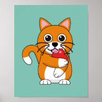 Niedlich Orange White Cat Eating Red Apple Cartoon