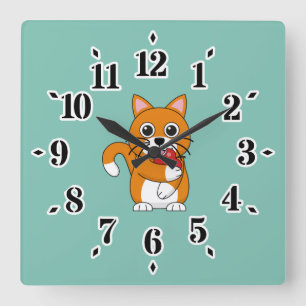 Niedlich Orange White Cat Eating Red Apple Cartoon Quadratische Wanduhr