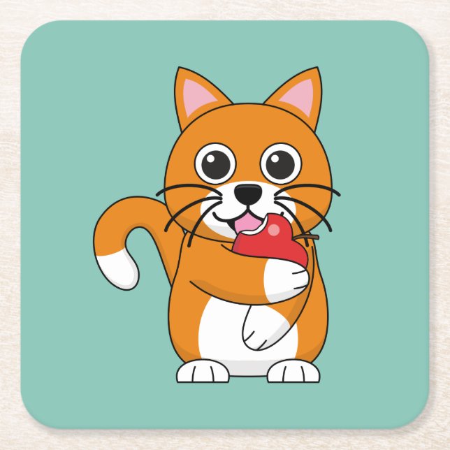 Niedlich Orange White Cat Eating Red Apple Cartoon Rechteckiger Pappuntersetzer (Vorderseite)
