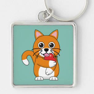 Niedlich Orange White Cat Eating Red Apple Cartoon Schlüsselanhänger