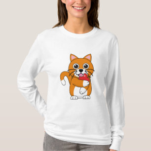 Niedlich Orange White Cat Eating Red Apple Cartoon T-Shirt