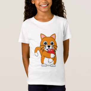 Niedlich Orange White Cat Eating Red Apple Cartoon T-Shirt