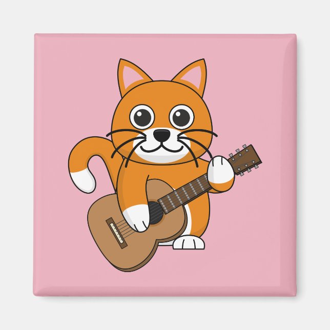 Niedlich Orange White Cat Gitarre spielen Cartoon Magnet (Vorne)