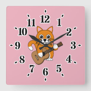 Niedlich Orange White Cat Gitarre spielen Cartoon Quadratische Wanduhr