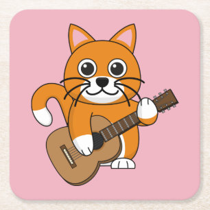 Niedlich Orange White Cat Gitarre spielen Cartoon Rechteckiger Pappuntersetzer