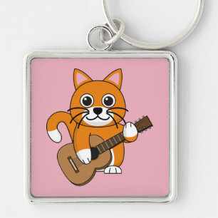 Niedlich Orange White Cat Gitarre spielen Cartoon Schlüsselanhänger