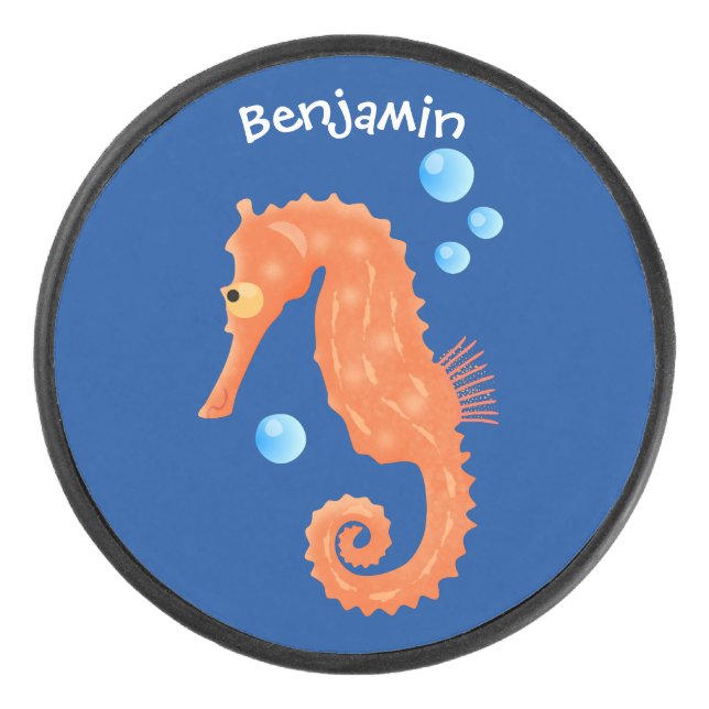 Niedlich orangefarbene Seepferd-Blasen Cartoon-Abb Eishockey Puck (Vorderseite)
