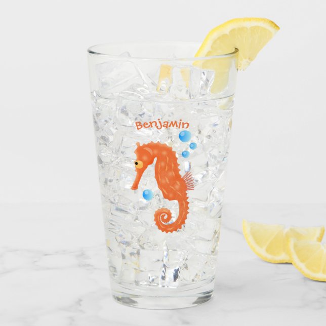 Niedlich orangefarbene Seepferd-Blasen Cartoon-Abb Glas (Rückseite Ice)