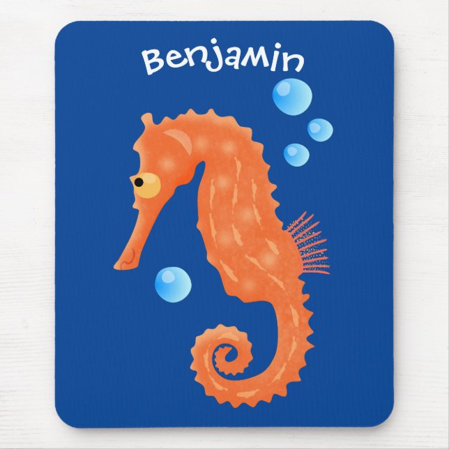 Niedlich orangefarbene Seepferd-Blasen Cartoon-Abb Mousepad (Vorne)