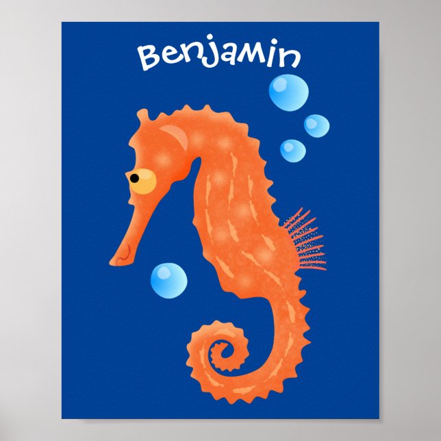 Niedlich orangefarbene Seepferd-Blasen Cartoon-Abb Poster (Vorne)