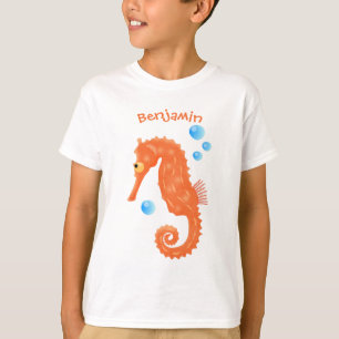 Niedlich orangefarbene Seepferd-Blasen Cartoon-Abb T-Shirt