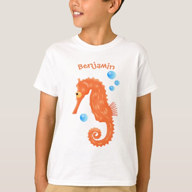 Niedlich orangefarbene Seepferd-Blasen Cartoon-Abb T-Shirt (Vorderseite)
