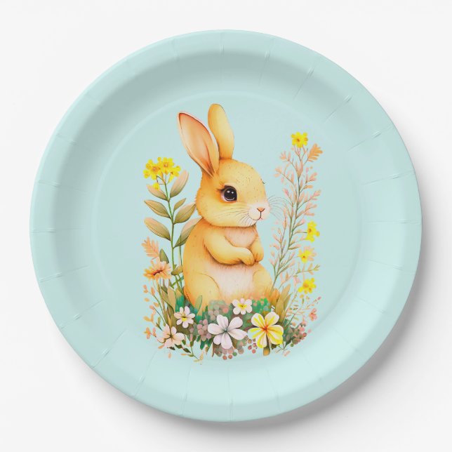 Niedlich Osterhase & Blume auf Light Blue Pappteller (Vorderseite)