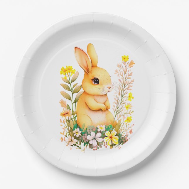 Niedlich Osterhase & Blume auf Weiß Pappteller (Vorderseite)