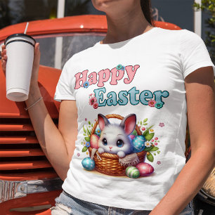 Niedlich Osterhase im Korb mit Eiern und Blume T-Shirt