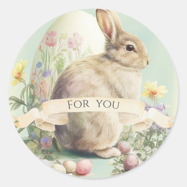 Niedlich Osterhase mit Blume und Ei Runder Aufkleber (Vorderseite)