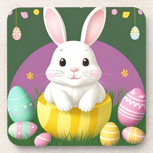 Niedlich Osterhase mit dekorativen Eiern Getränkeuntersetzer (Vorderseite)