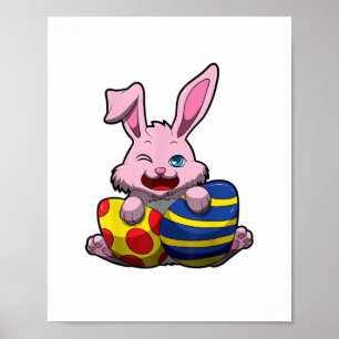 Niedlich Osterhase mit farbigen Eiern - Happy Oste Poster