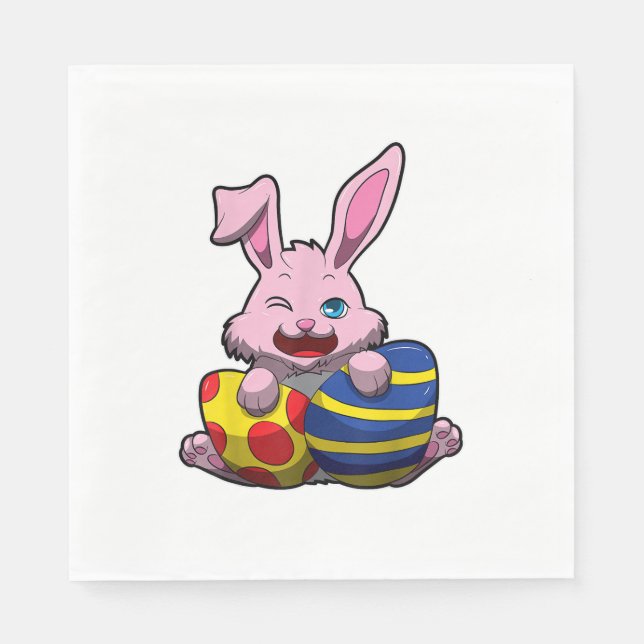 Niedlich Osterhase mit farbigen Eiern - Happy Oste Serviette (Vorderseite)