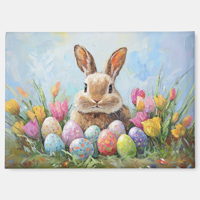 Niedlich Osterhase mit farbigen Eiern Magnet (Vorderseite)