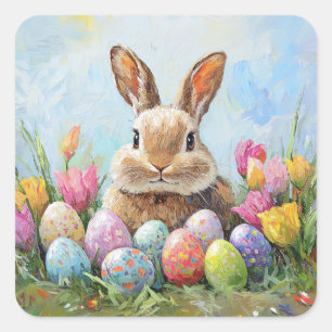 Niedlich Osterhase mit farbigen Eiern Quadratischer Aufkleber