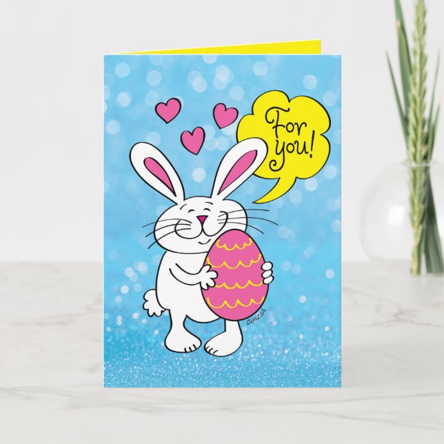 Niedlich Osterhase mit großem Ostereier Cartoon Karte (Vorderseite)