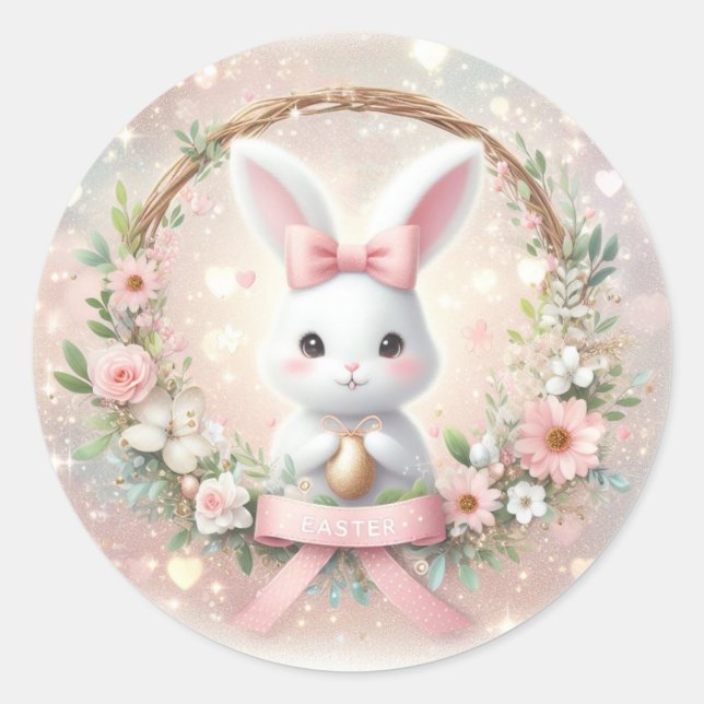 Niedlich Osterhase und Blumenkranz Runder Aufkleber (Vorderseite)